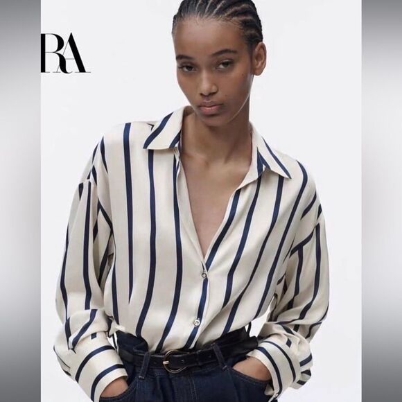Zara Tops - NWT Satin Effect Shirt ~ Navy Blue and Ivory Striped